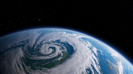 Aufkleber - Planet earth rotating slowly in dark cosmic vastness, revealing massive hurricane swirling across atmospheric surface, displaying powerful natural weather phenomenon from global perspective