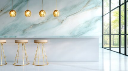 Wall Mural - A contemporary bar showcasing a beautiful blue marble wall combined with elegant golden pendant lights, ideal for creating a trendy dining experience.