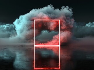 Aufkleber - 3d render with an abstract and minimalistic background, a square frame featuring pink and blue neon lights and copy space, stormy clouds illuminated, and glowing geometric shapes