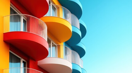 This image showcases a stunning modern building featuring a series of vibrant, colorful balconies that create an eye-catching architectural design.