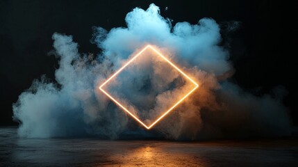 Aufkleber - 3D rendering, featuring an abstract futuristic backdrop with neon geometric shapes and stormy clouds against a night sky. A rhombus frame leaves space for text