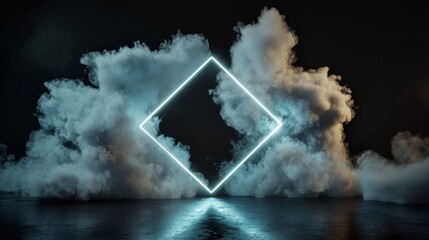 Aufkleber - A 3D rendition includes an abstract futuristic background enriched with neon geometric figures and stormy clouds in the night sky. There's a rhombus frame with room for copy