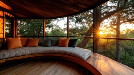 Wall Mural - This inviting curved couch features soft cushions and panoramic windows, providing a cozy retreat with breathtaking views of nature bathed in warm sunset light.