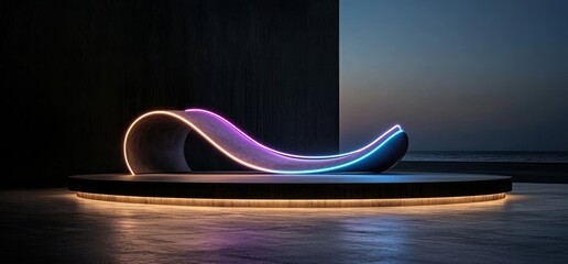 Poster - abstract sci-fi design featuring blue and purple neon lights on a black backdrop and reflective conc