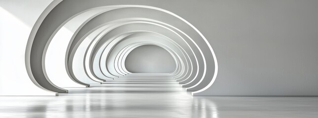 Poster - A 3D illustration of a white circular building with modern geometric wallpaper and a futuristic technology design