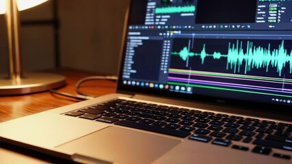 Poster - Warm light illuminates laptop screen displaying audio editing software with waveform, headphones resting beside, suggesting podcast production in progress