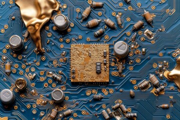 Poster - CPU chipset detailed in an Stock 3D render, highlighting electronic technology on a circuit board, with a focused and shallow depth of field