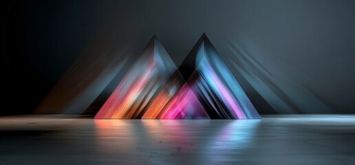 Poster - Sci Fi Arrows Shaped Neon Cyber Futuristic Modern Retro Alien Dance Club Glowing Purple Pink Blue Lights In Dark Empty Grunge Concrete Reflective Room Corridor Background 3D Rendering