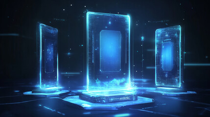 Poster - HUD cyberpunk futuristic circular virtual portals and teleport hologram, vector interface. HUD or cyber punk game time portals with light effects. Digital screen interface future Sci Fi technology