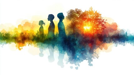 Silhouetted family in colorful watercolor landscape at sunset. International Day of Remembrance of the Victims of Slavery and the Transatlantic Slave Trade