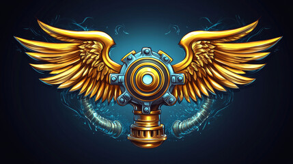 Motor and car racing rank award badge, features piston at the center, with golden wings and exhaust pipes extending outward. Cartoon vector game trophy success and recognition achievement pop up icon