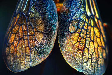 Wall Mural - A highly detailed macro image of paired insect wings with a luminous blue tint