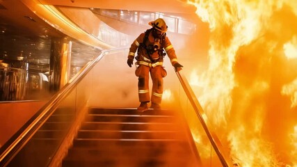 Poster - Firefighter wearing full protective gear walking down stairs in smoke filled building during fire emergency, demonstrating bravery and commitment to duty