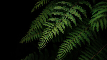  Fern Leaves in Close-up on a Black Background, Realistic