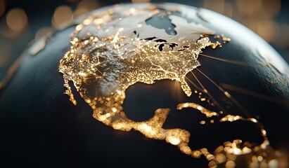 Connection lines wrapping around a global Earth globe on a background highlighting futuristic technology and light effects