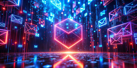 Poster - A glowing envelope is surrounded by floating icons that represent online messaging. The backdrop is a dazzling display of neon lights and data elements, creating a futuristic atmosphere