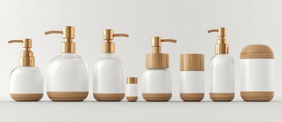 Poster - A set of six varied frosted glass cosmetic cream jars and bottles featuring wooden lids, ideal for beauty and care product packaging and branding, showcased as a 3D render mockup