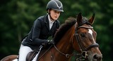 Woman equestrian in professional dressage outfit riding brown horse during competition. Horseback at show jumping event in outdoor arena. Sport training concept