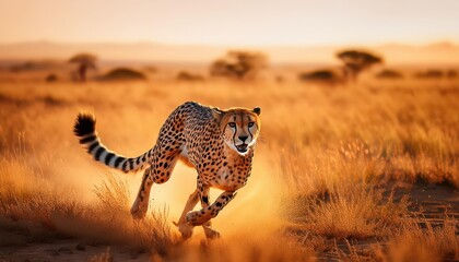 Wall Mural - Intense Chase in the African Savannah An Angry Cheetah Looming over a Fleeing Prey, Captured in the Heat of Moments at Sunset