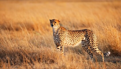 Wall Mural - Majestic Cheetah Acinonyx jubatus Roaming Open Savanna in Masai Mara National Game Park Reserve, Kenya, East Africa A Panoramic Wildlife Adventure at Golden Hour.