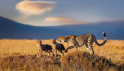 Wall Mural - Playful Cheetah Family Acinonyx jubatus Engage in a Heartwarming Interaction, Set Against the African Savannahs Golden Hour.