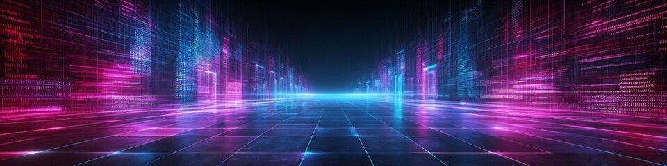 Poster - Neon Glowing Abstract Technology Background, Programming Data Flow, Futuristic Cyberspace