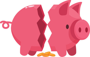 Pink piggy bank broken in two halves with few coins near it, depicting financial crisis and loss of savings