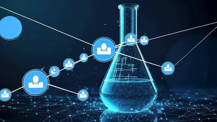 Poster - Digital network expansion in scientific visualization with blue chemistry lab flask