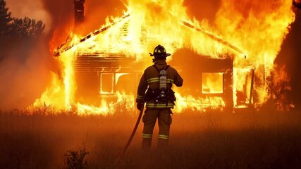 Poster - Firefighter with protective gear and axe watching a burning wooden house engulfed in flames at night, creating a dramatic scene of destruction and emergency response