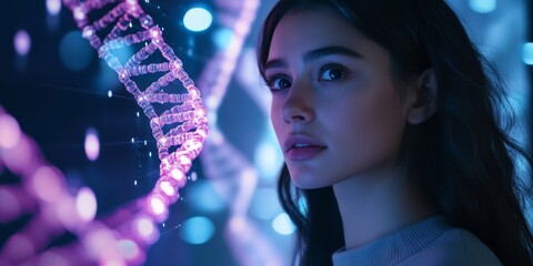 Aufkleber - A young woman gazes thoughtfully at a vibrant DNA helix in a futuristic setting. This image captures the essence of science and technology. Perfect for educational themes. AI