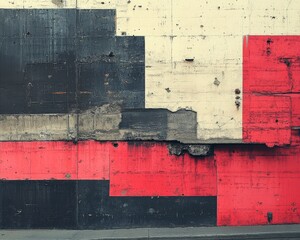 Poster - An abstract view of a concrete wall featuring vibrant red and black geometric patterns, showcasing urban art and modern design in architecture.