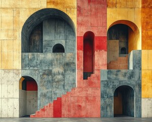 Poster - A vibrant and abstract architectural facade featuring bold geometric shapes, arches, and a staircase, showcasing modern design and artistic expression.