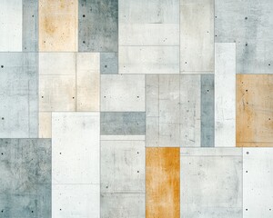 Poster - This image showcases a modern abstract concrete wall with a patchwork of gray, beige, and warm-toned sections, ideal for design and architecture themes.
