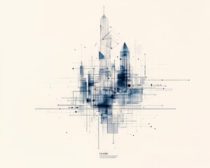 Poster - Stylized illustration of modern city skyline with geometric patterns and lines, showcasing innovative design and architecture concepts.