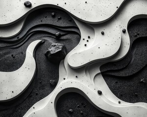 Poster - An abstract representation of Earth's landscape, showcasing swirling textures of black and white, reminiscent of natural formations and geological patterns.