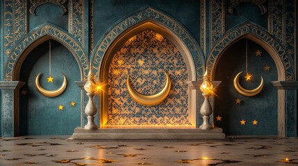 Fototapete - A glowing Ramadan podium adorned with golden crescent moons, Islamic geometric patterns, and subtle star motifs, creating a festive yet serene vibe
