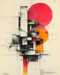 Poster - A dynamic abstract composition featuring geometric shapes in black, white, red, and orange. Ideal for art, design, and modern conceptual themes.