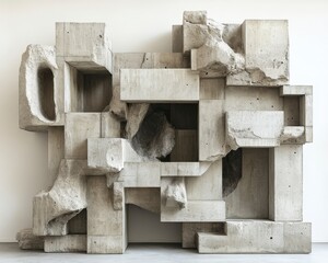 Poster - An abstract concrete structure featuring a mix of geometric shapes and textures, showcasing modern architectural design and artistry.