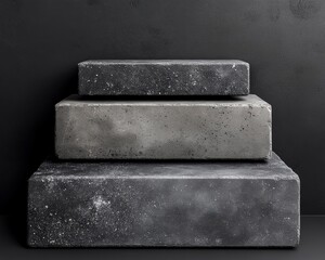 Poster - A set of three textured concrete blocks stacked against a dark background, showcasing their unique surfaces and modern aesthetic for design projects.