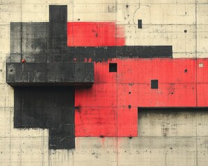 Poster - Abstract painting on a concrete wall showcasing bold colors and geometric shapes, creating a striking visual appeal in urban architecture.