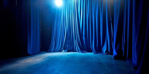 Aufkleber - Blue stage curtains provide an elegant backdrop for theater performances. The soft glow of stage lights adds a dramatic effect. Perfect for showcasing art and creativity. AI