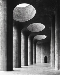 Poster - A striking architectural interior featuring large cylindrical columns and unique circular openings that create a sense of depth and dimension.