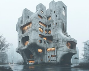 Poster - A stunning view of a modern, abstract concrete building surrounded by fog, showcasing unique architectural design and innovative shapes.