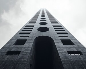 Poster - A striking perspective of a modern skyscraper tower reaching into the cloudy sky, emphasizing its unique geometric design and urban setting.