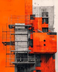 Poster - A striking abstract representation of modern architecture combined with vibrant orange color, showcasing scaffolding and architectural elements.
