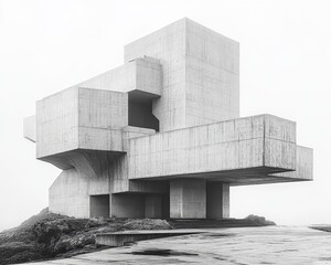 Poster - A striking example of modern architecture featuring bold geometric shapes and raw concrete textures, creating an intriguing structure against a minimal backdrop.
