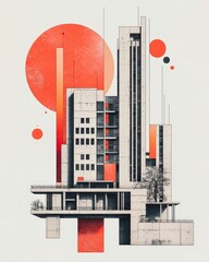Poster - A modern architectural illustration featuring a high-rise structure with geometric shapes, bold colors, and abstract forms, evoking a vibrant atmosphere.