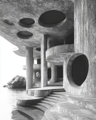 Poster - A stunning architectural marvel showcasing modern design with circular openings and unique structures by the water's edge in a monochrome aesthetic.
