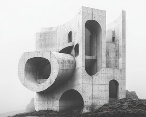 Poster - A modern concrete structure featuring abstract geometric shapes and bold forms, blending artistry and architecture in a misty landscape.