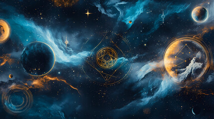 Wall Mural - A cosmic background with marbled inlays and gold foil, featuring a heavenly motif with stars, planets, and sacred geometry. galaxy wallpaper. Sacred Spaces & Temples. Illustration